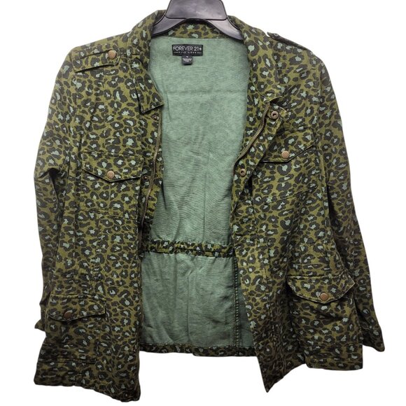 Forever 21 Army Green Leopard Denim Jacket Jean Plus Size 1X - Picture 1 of 11